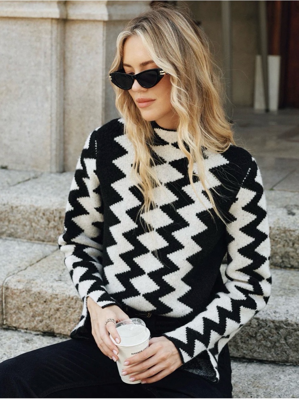 Commense Black & White Zigzag Cowl Sweater - Picture 2 of 7